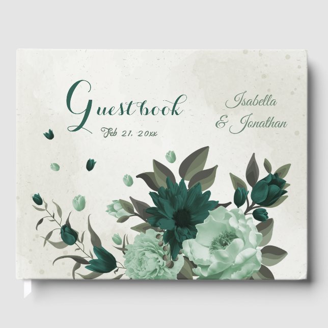 emerald green flowers botanical wedding  guest book (Front)