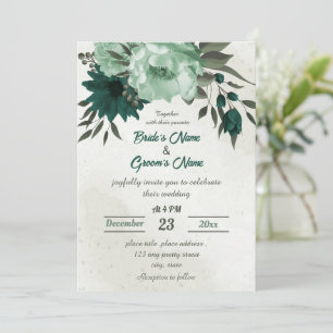 emerald green flowers botanical wedding invitation