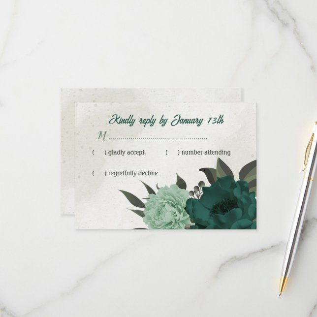emerald green flowers botanical wedding  RSVP card (Front/Back In Situ)