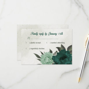 emerald green flowers botanical wedding RSVP card