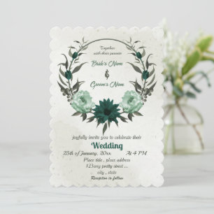 emerald green flowers botanical wreath wedding invitation