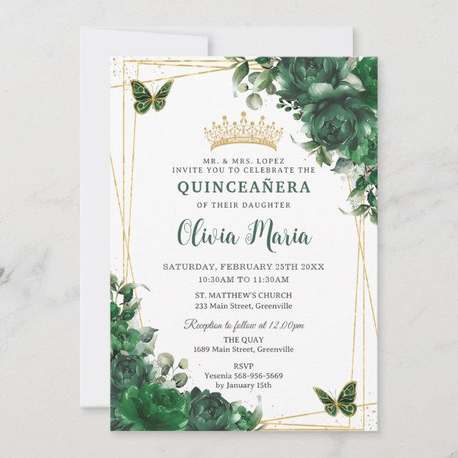 Emerald Green Flowers Floral Quinceañera Butterfly Invitation (Front)