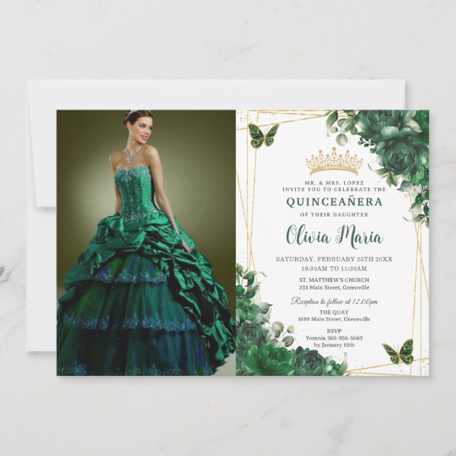 Emerald Green Flowers Floral Quinceañera Picture Invitation (Front)