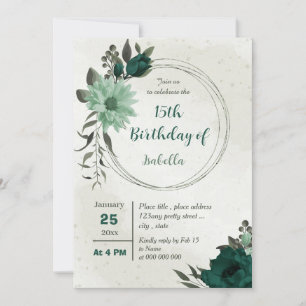 emerald green flowers geometric birthday  invitation