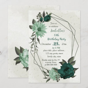 emerald green flowers geometric birthday invitation