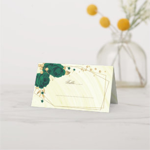 emerald green flowers gold geometric marble place card