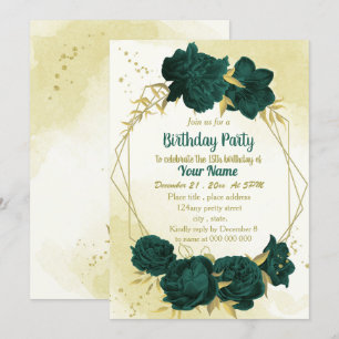 Emerald green flowers gold leaves birthday invitation