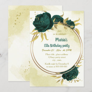Emerald green flowers gold leaves birthday invitation