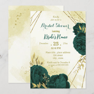 Emerald green flowers gold leaves bridal shower invitation