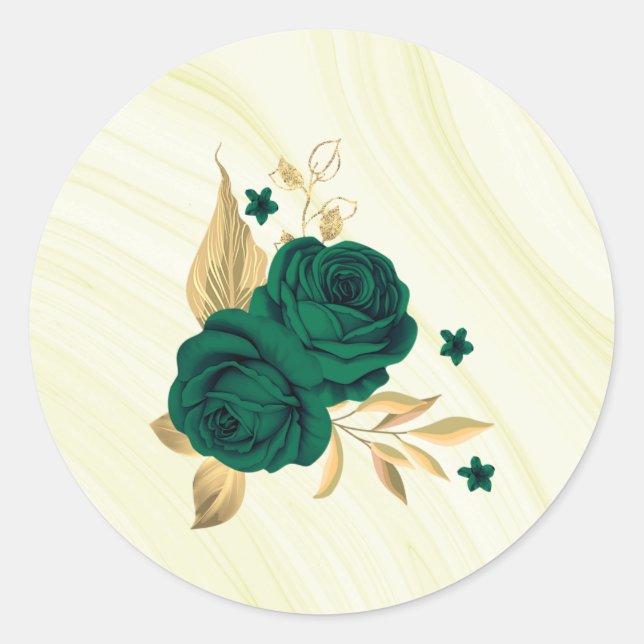 emerald green flowers gold leaves marble classic round sticker (Front)
