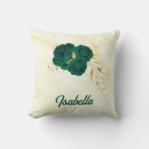 emerald green flowers gold leaves marble cushion