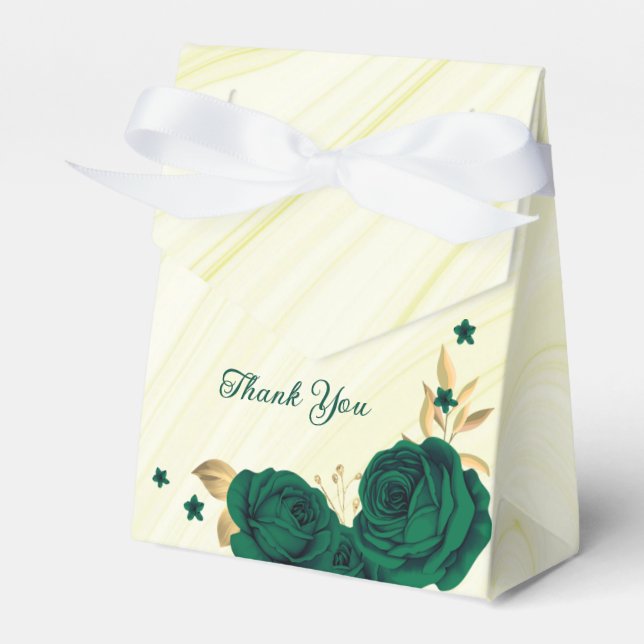 emerald green flowers gold leaves marble favour box (Front Side)