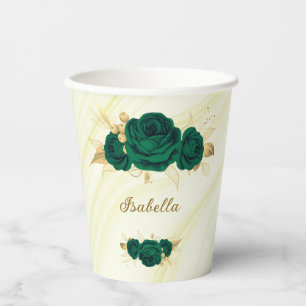 emerald green flowers gold leaves marble paper cups