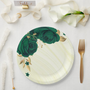 emerald green flowers gold leaves marble paper plate