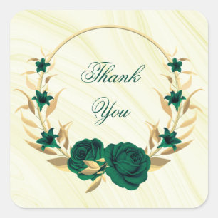emerald green flowers gold leaves marble square sticker