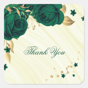 emerald green flowers gold leaves marble  square sticker