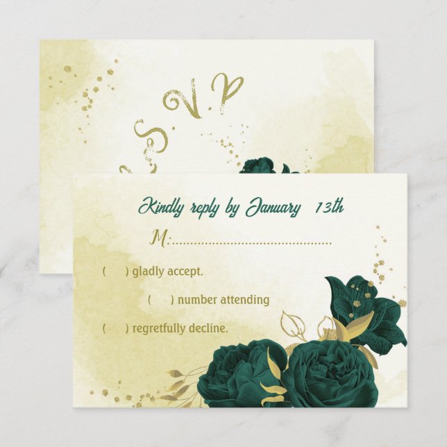 Emerald green flowers gold leaves RSVP card (Front/Back)