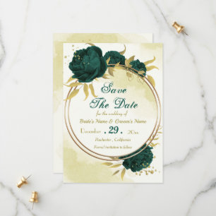 Emerald green flowers gold leaves save the date