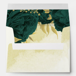 Emerald green flowers gold leaves wedding envelope