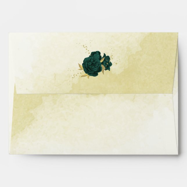 Emerald green flowers gold leaves wedding envelope (Back (Top Flap))
