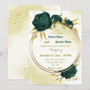 Emerald green flowers gold leaves wedding invitation