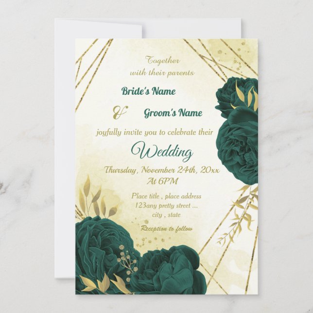 Emerald green flowers gold leaves wedding invitation (Front)
