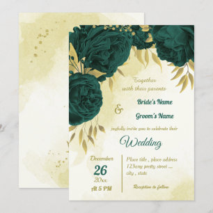 Emerald green flowers gold leaves wedding invitation