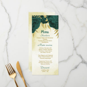 Emerald green flowers gold leaves wedding menu