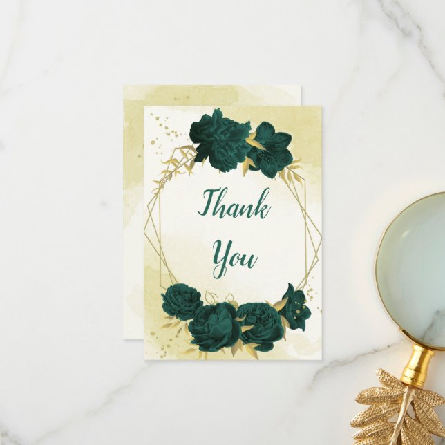 Emerald green flowers gold leaves wedding thank you card (Front/Back In Situ)
