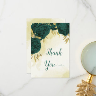 Emerald green flowers gold leaves wedding thank you card