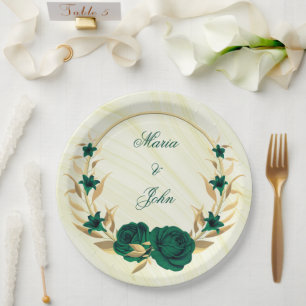emerald green flowers gold leaves wreath marble paper plate