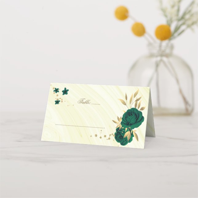 emerald green flowers gold marble place card (Front)