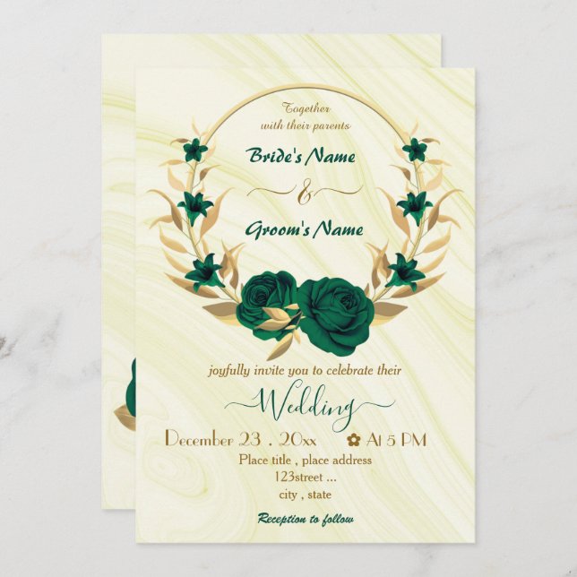 emerald green flowers gold wreath wedding invitation (Front/Back)