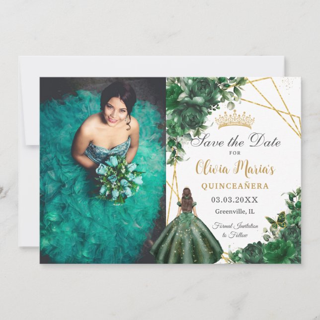 Emerald Green Flowers Princess Quinceañera Photo Save The Date (Front)