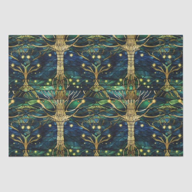Emerald Green Forest Faux Stained Glass Pattern Tissue Paper (Front)