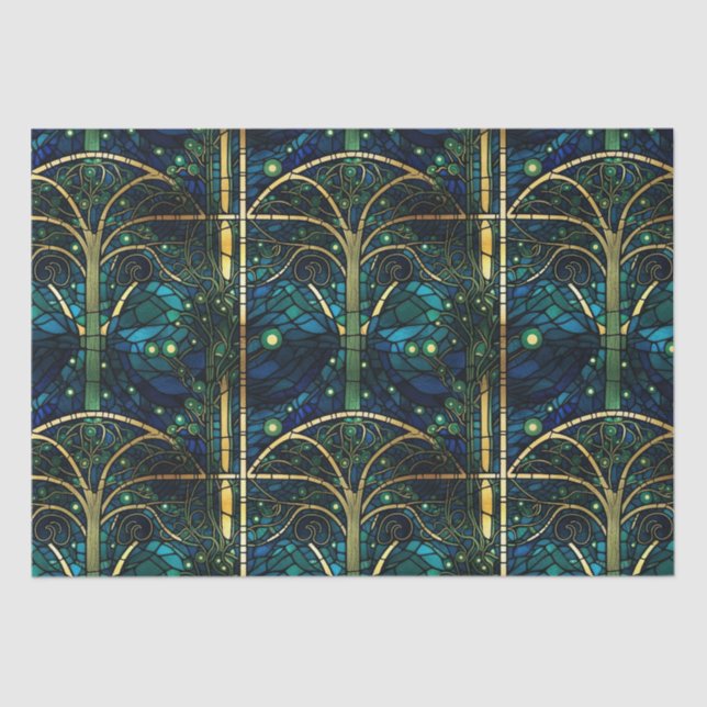 Emerald Green Forest Faux Stained Glass Pattern Tissue Paper (Front)