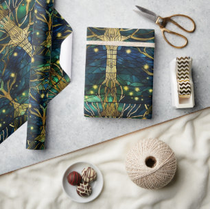 Emerald Green Forest Faux Stained Glass Pattern Wrapping Paper
