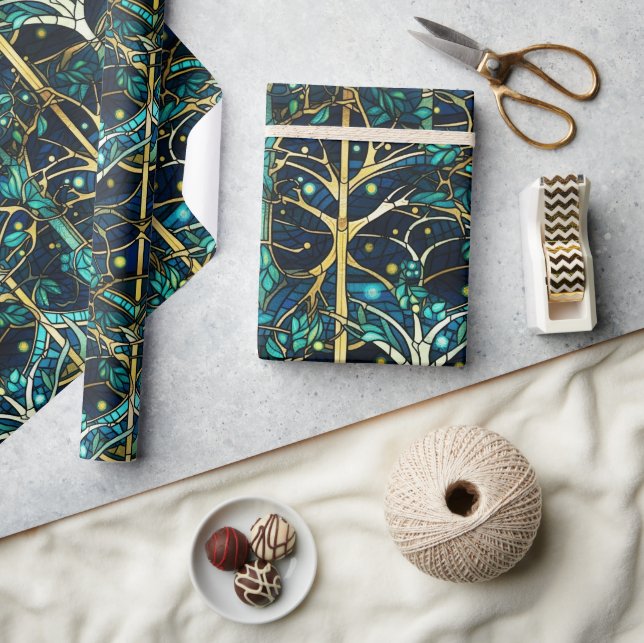 Emerald Green Forest Faux Stained Glass Pattern Wrapping Paper (Crafts)