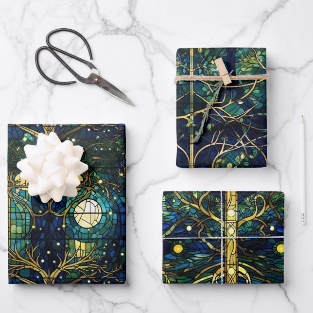 Emerald Green Forest Faux Stained Glass Pattern Wrapping Paper Sheet (Front)
