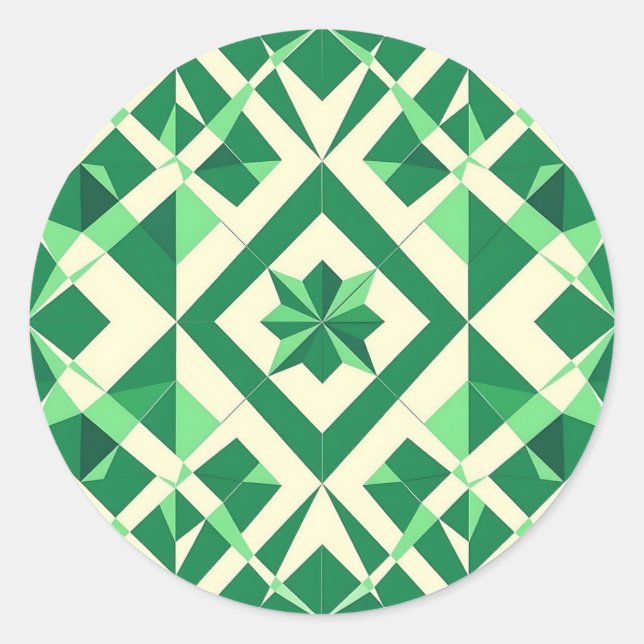 Emerald Green Geometric Star Pattern Classic Round Sticker (Front)