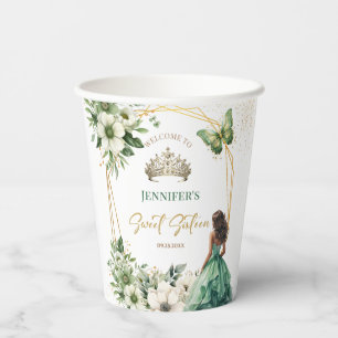 Emerald Green Girl Princess Tiara Floral Sweet 16 Paper Cups