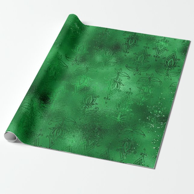 Emerald Green Glam Damask Pattern Wrapping Paper (Unrolled)