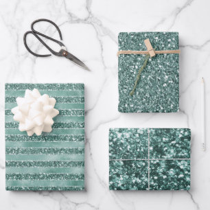 Emerald Green Glam Glitter Stripes     Wrapping Paper Sheet