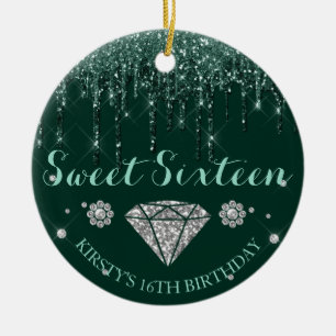Emerald Green Glitter Drip Diamond Sweet Sixteen Ceramic Tree Decoration