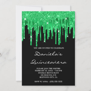 Emerald Green Glitter Foil Drips Black Quinceañera Invitation