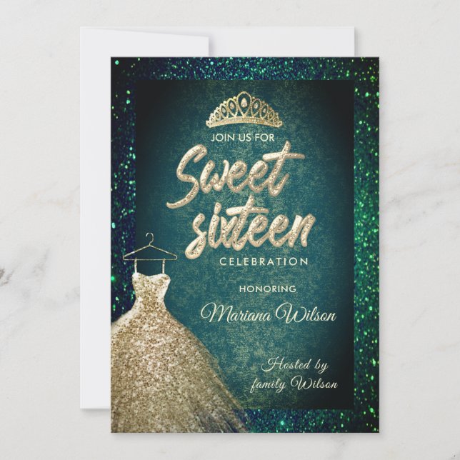 Emerald Green glitter  Gold  dress tiara Sweet 16  Invitation (Front)