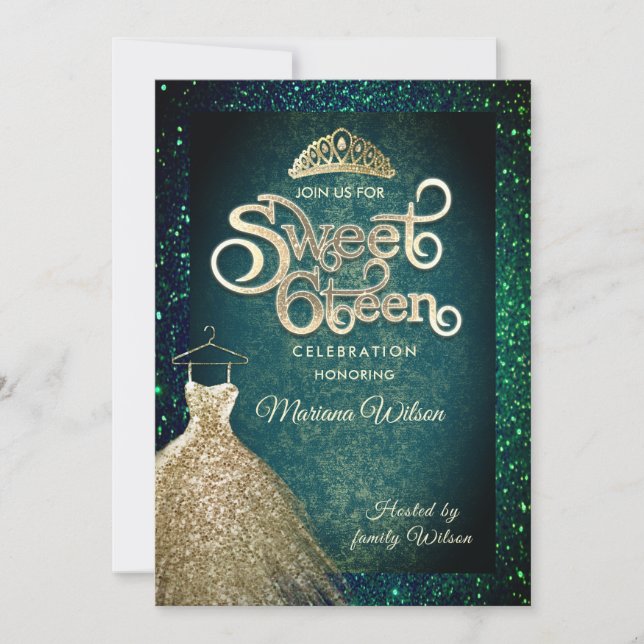 Emerald Green glitter  Gold  dress tiara Sweet 16  Invitation (Front)