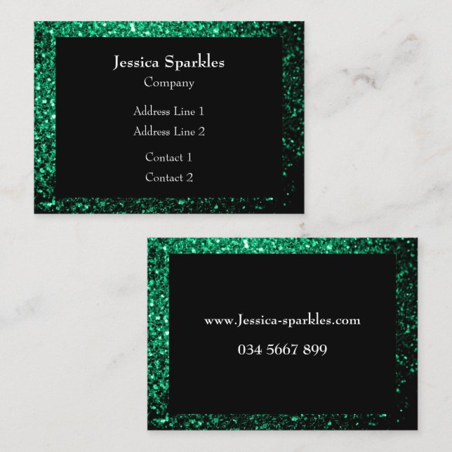 Emerald Green glitter sparkles frame Black Business Card (Front/Back)