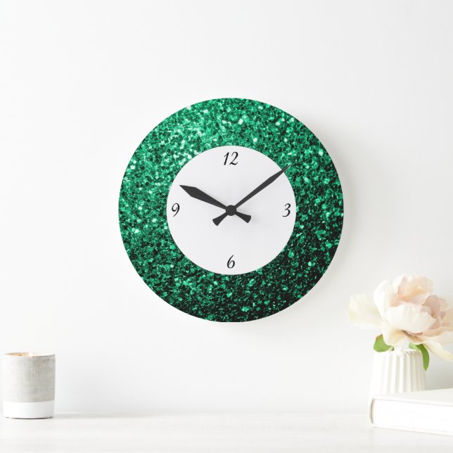 Emerald Green glitter sparkles with numbers Large Clock (Home)