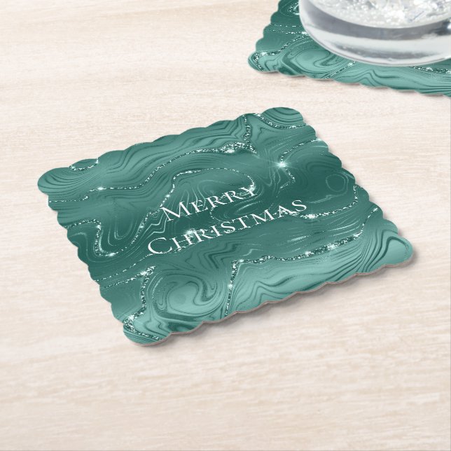Emerald Green Glitzy Marble Christmas Paper Coaster (Angled)